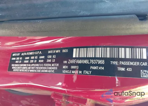 2020 Alfa Romeo Giulia Rwd из США, поврежденный, VIN ZARFAMAN6L7637968